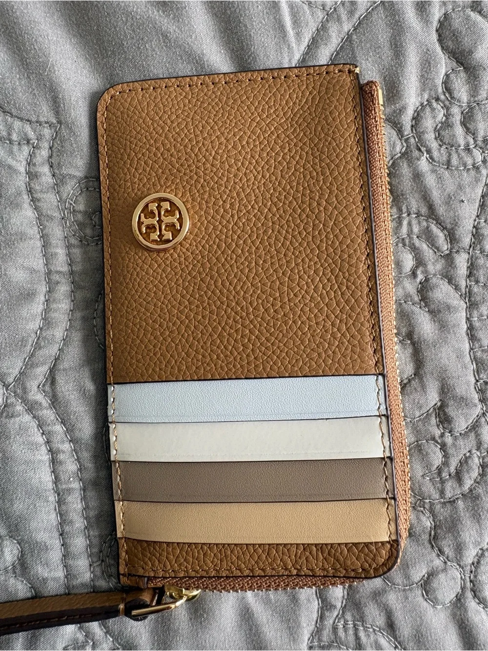 Tory Burch Multi-Stripe Tan Leather Zip Card Case with Logo - Picture 1 of 2